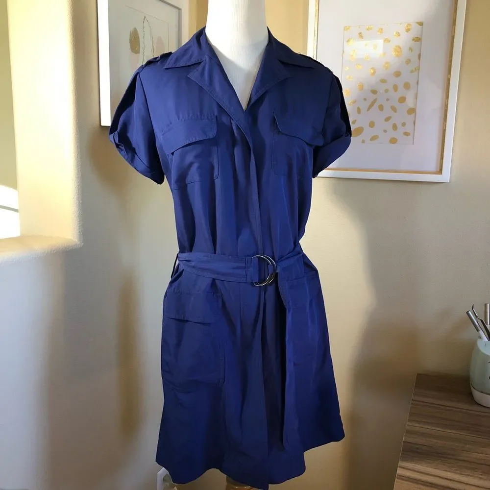 NY&Co Blue Cargo Utility Belted Cap Sleeve Dress